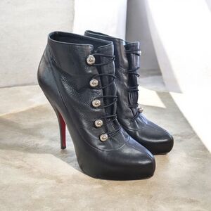 Christian Louboutin Fifre Black Leather High-Heel Ankle Boots with Red Sole